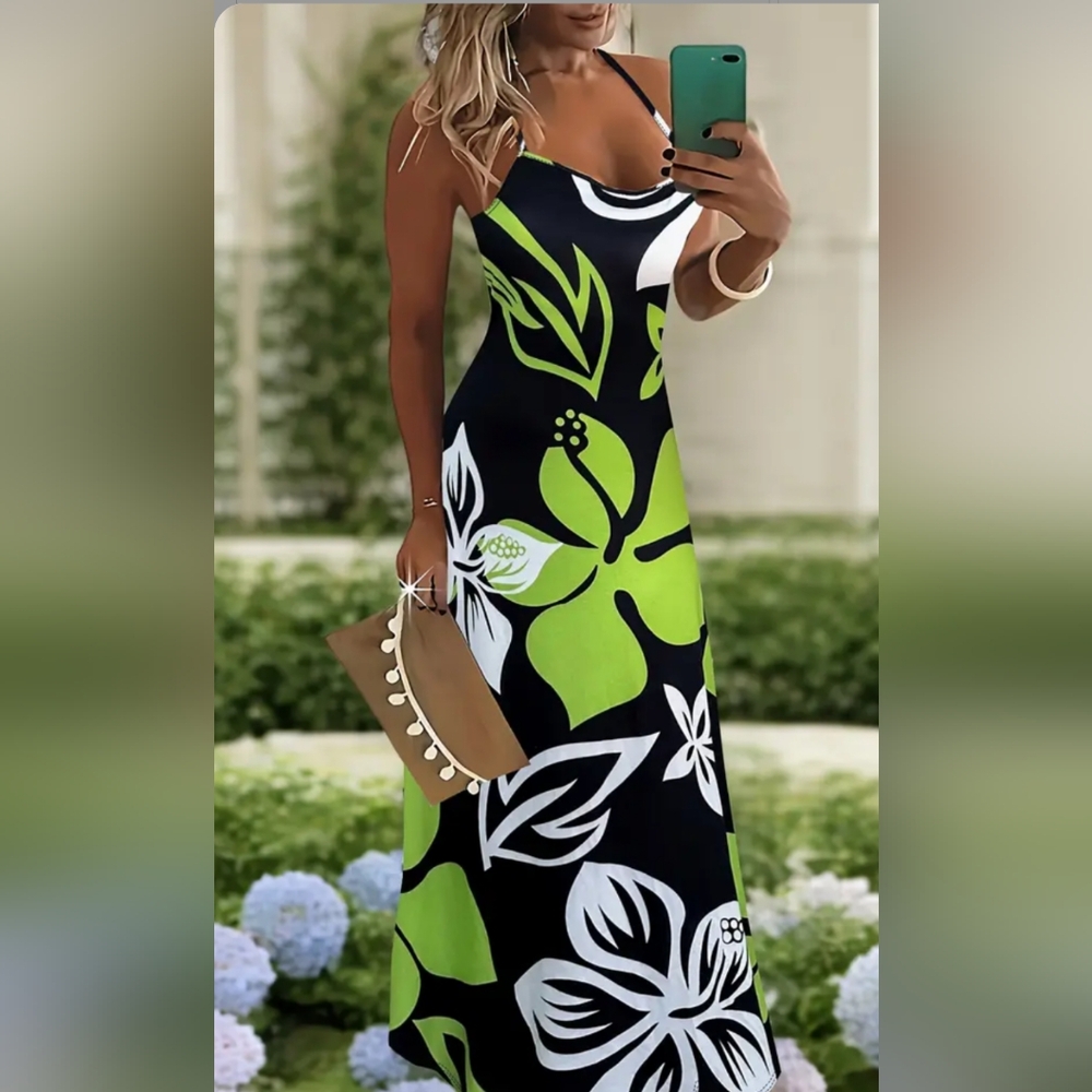 Floral Halter Maxi Dress - Black, Green, White